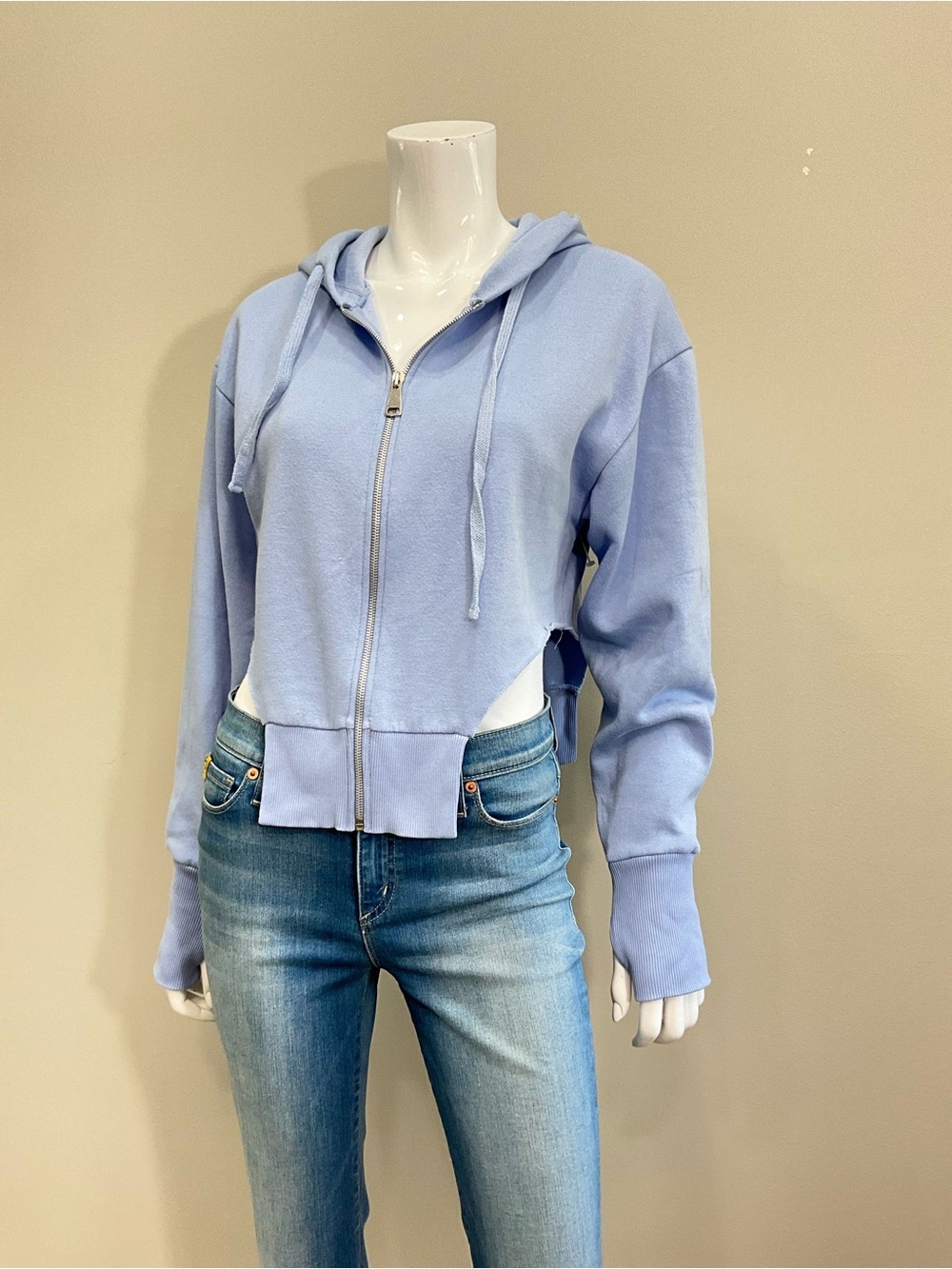 ZARA Cropped Hoodie Zip Up Pale Blue Cutout Sweatshirt Size M